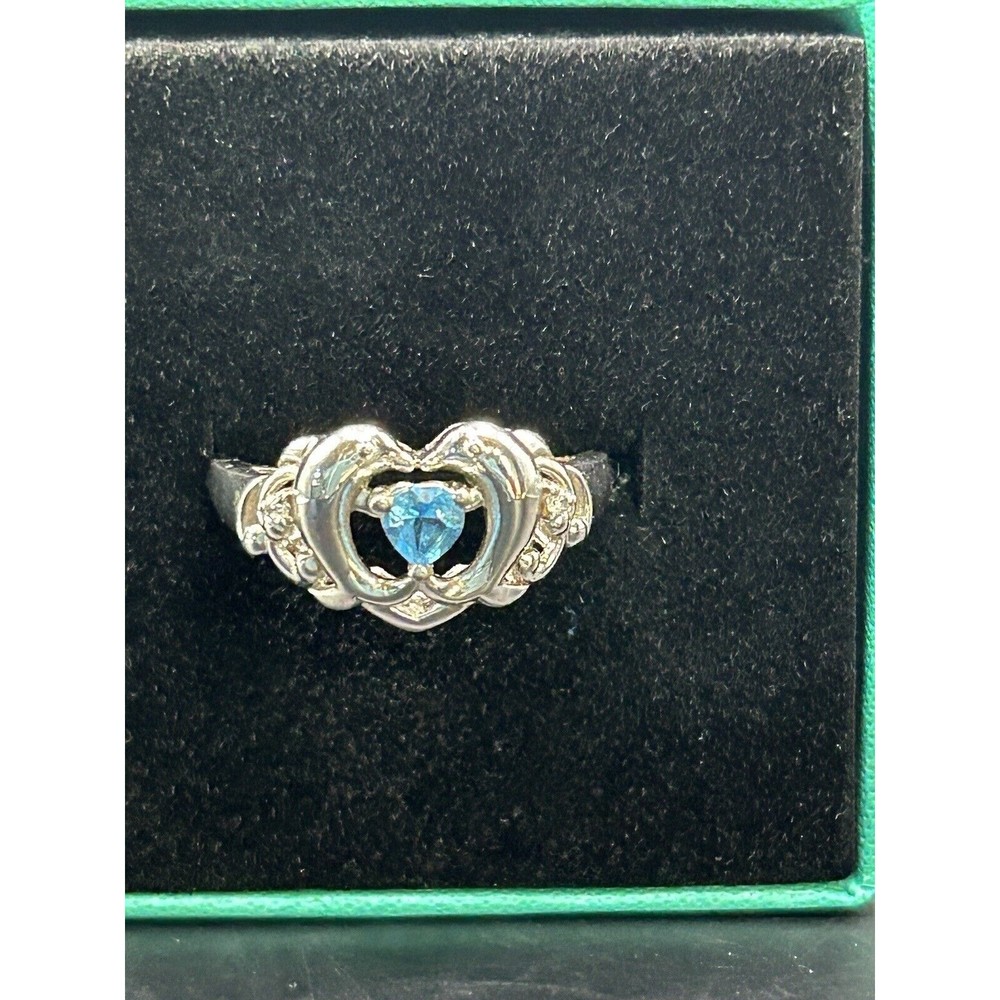 Vintage Blue Topaz CZ Dolphin Heart Sterling Silver Ring  SZ 7.5 EUC
